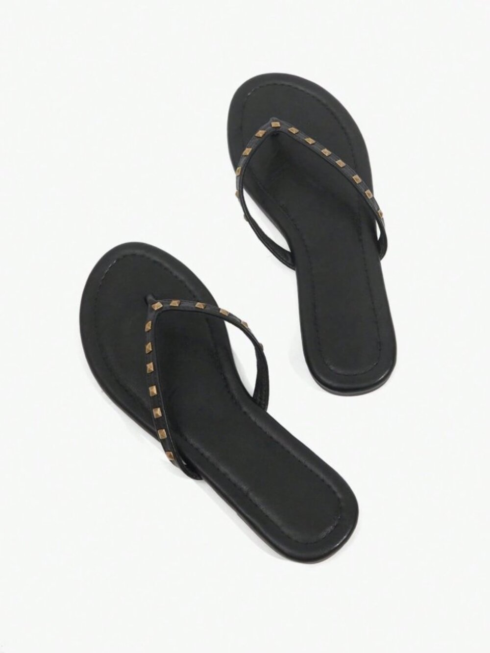 Black Studded Thong Flat Sandals with Gold Stud Trim